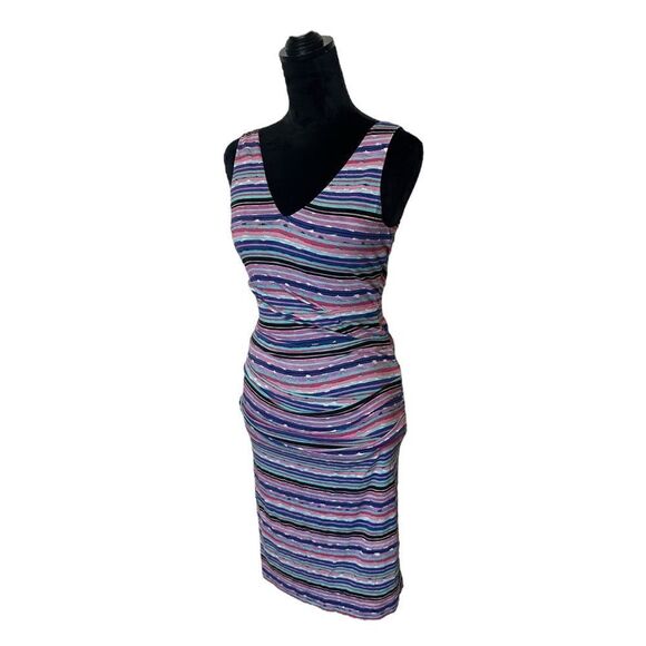 Nicole Miller Collection Wren Jungle Multicolored Striped Tuck Dress Size Small - Picture 8 of 16